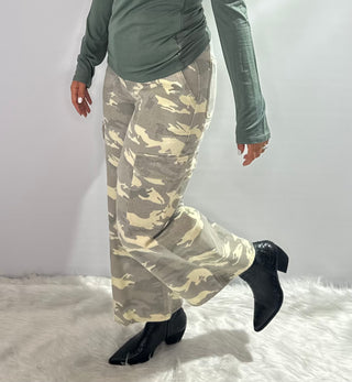Army Desert cargo pants in soft gray and cream with multiple utility pockets and relaxed fit