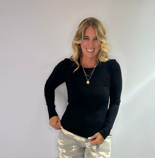 Womens long sleeve double-layer fitted t shirt in black or olive green. Made from rayon and spandex blend