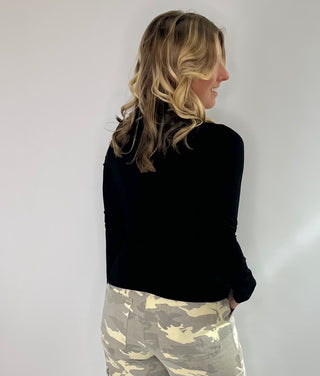 Womens long sleeve double-layer fitted t shirt in black or olive green. Made from rayon and spandex blend