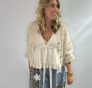 Pol crochet cardigan with mixed stitching patterns, V-Neck, 3/4 sleeves, button closure, one size fits most