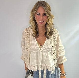 Pol crochet cardigan with mixed stitching patterns, V-Neck, 3/4 sleeves, button closure, one size fits most