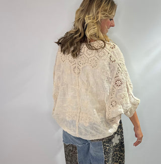 Pol crochet cardigan with mixed stitching patterns, V-Neck, 3/4 sleeves, button closure, one size fits most