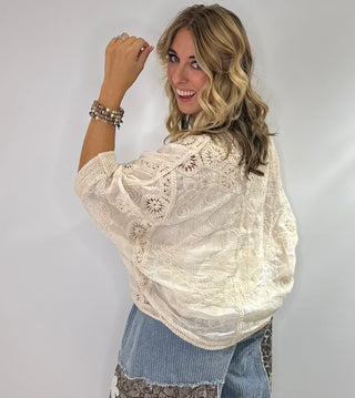 Pol crochet cardigan with mixed stitching patterns, V-Neck, 3/4 sleeves, button closure, one size fits most