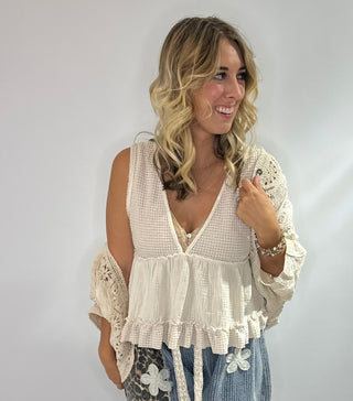 Pol Sleeveless V-Neck baby doll mini top with ruffle detail in thermal and double gauze fabric