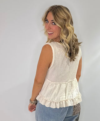 Pol Sleeveless V-Neck baby doll mini top with ruffle detail in thermal and double gauze fabric