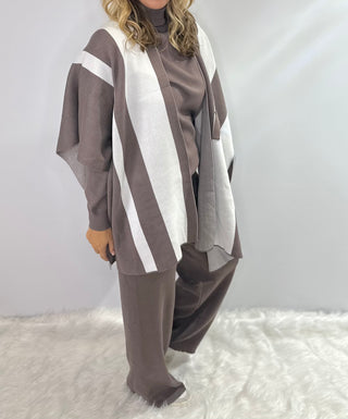 Women's 3-piece knit set with color block shawl cape, solid turtleneck sweater and wide-leg elastic pants
