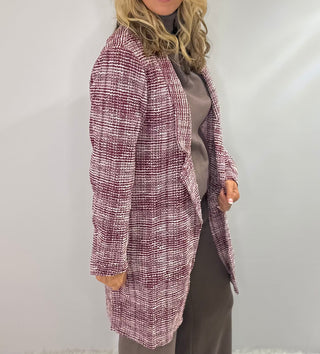 Crimson Charm tweed open-front midid blazer in burgundy and white