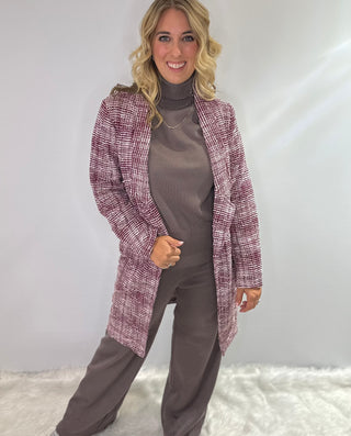 Crimson Charm tweed open-front midid blazer in burgundy and white