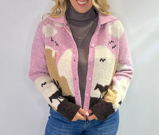 Blush pink, cream, sand and brown western print knit cardigan with button front collar and long sleeves