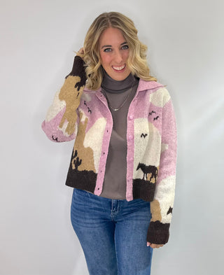 Blush pink, cream, sand and brown western print knit cardigan with button front collar and long sleeves