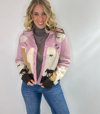 Blush pink, cream, sand and brown western print knit cardigan with button front collar and long sleeves