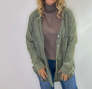 Green gauze oversized button up shirt with lightweight waffle texture, long relaxed fit perfect for layering