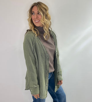 Green gauze oversized button up shirt with lightweight waffle texture, long relaxed fit perfect for layering