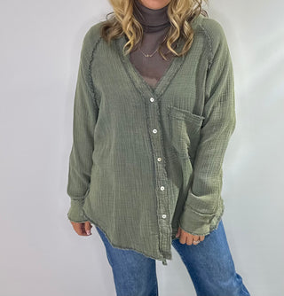 Green gauze oversized button up shirt with lightweight waffle texture, long relaxed fit perfect for layering