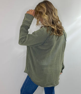 Green gauze oversized button up shirt with lightweight waffle texture, long relaxed fit perfect for layering