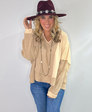 Pol Oversized knit top with notched neckline, frayed edges, french terry and thermal mix in beige or gray