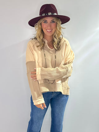 Pol Oversized knit top with notched neckline, frayed edges, french terry and thermal mix in beige or gray
