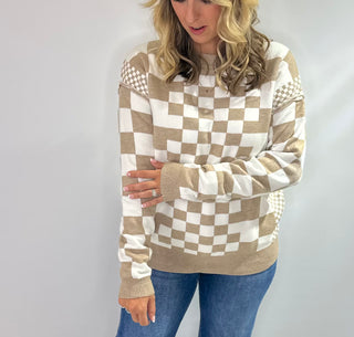 Cream and Taupe crew neck long sleeve plaid sweater