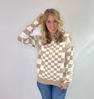 Cream and Taupe crew neck long sleeve plaid sweater