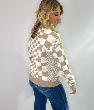 Cream and Taupe crew neck long sleeve plaid sweater