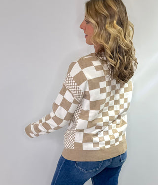 Cream and Taupe crew neck long sleeve plaid sweater