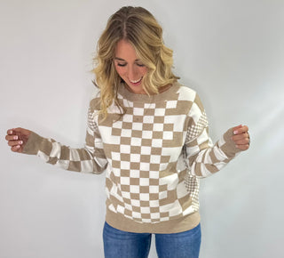 Cream and Taupe crew neck long sleeve plaid sweater