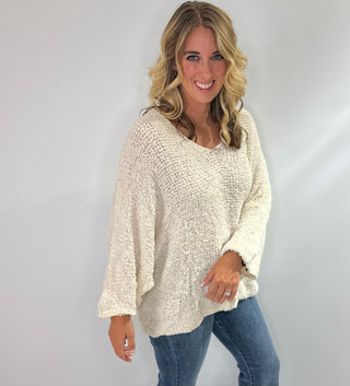 Made in Italy dolman sleeve sweater top with popcorn textured knit, in beige, chocolate brown or rust. 