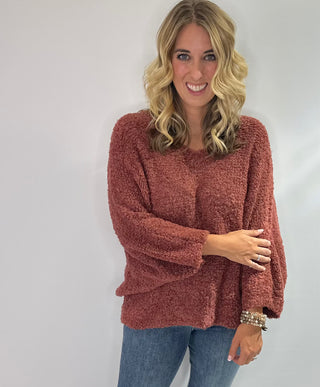 Made in Italy dolman sleeve sweater top with popcorn textured knit, in beige, chocolate brown or rust. 