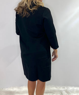 Black A-line dress with mandarin collar, v-neck, 3/4 sleeves, and side pockets boutique style