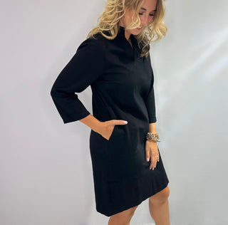 Black A-line dress with mandarin collar, v-neck, 3/4 sleeves, and side pockets boutique style