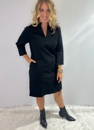 Black A-line dress with mandarin collar, v-neck, 3/4 sleeves, and side pockets boutique style