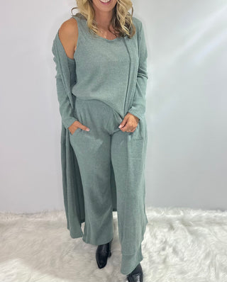 Sage Green 3-Piece waffle knit, lounge set with tank, long cardigan with pockets, and elastic waistband pants. 