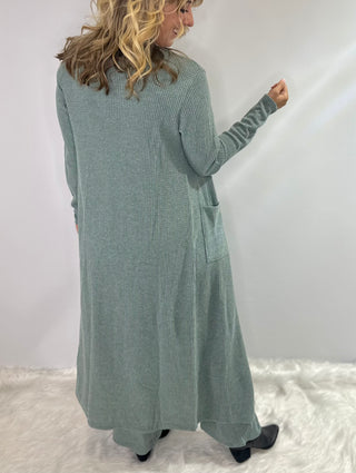 Sage Green 3-Piece waffle knit, lounge set with tank, long cardigan with pockets, and elastic waistband pants. 
