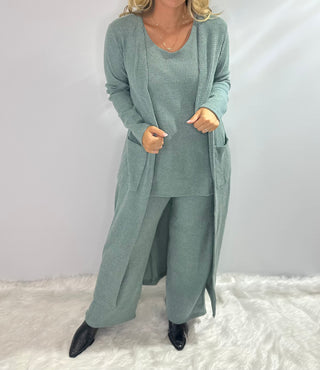 Sage Green 3-Piece waffle knit, lounge set with tank, long cardigan with pockets, and elastic waistband pants. 