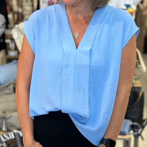 Business Casual muscle sleeve blouse in blue teal hot pink and cream 