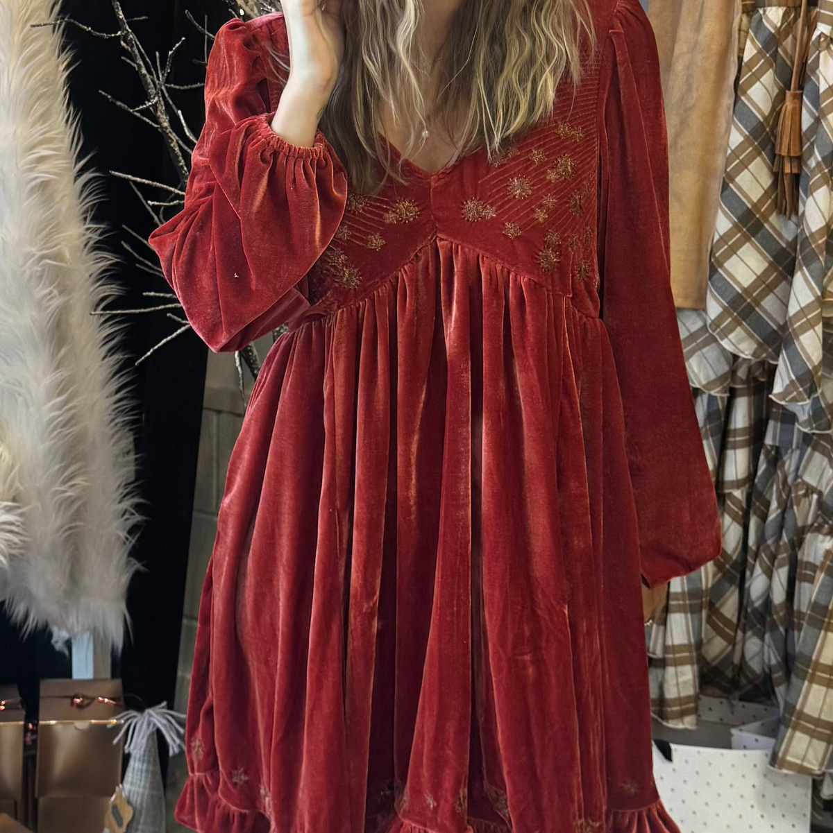 strapless open back dress Crimson Constellation Velvet Swing Dress Embroidered Holiday Velvet Dress Medium / Brick