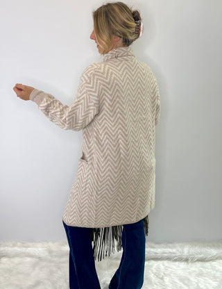 Heather Chevron Knit Shawl in beige and taupe with open front and oversize front pockets