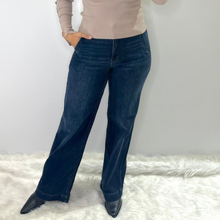 Judy Blue dark wash double button high rise trouser jeans with flattering wide-leg silhouette