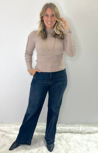 Fitted Lightweight mock neck sweater with lace up sleeve detail