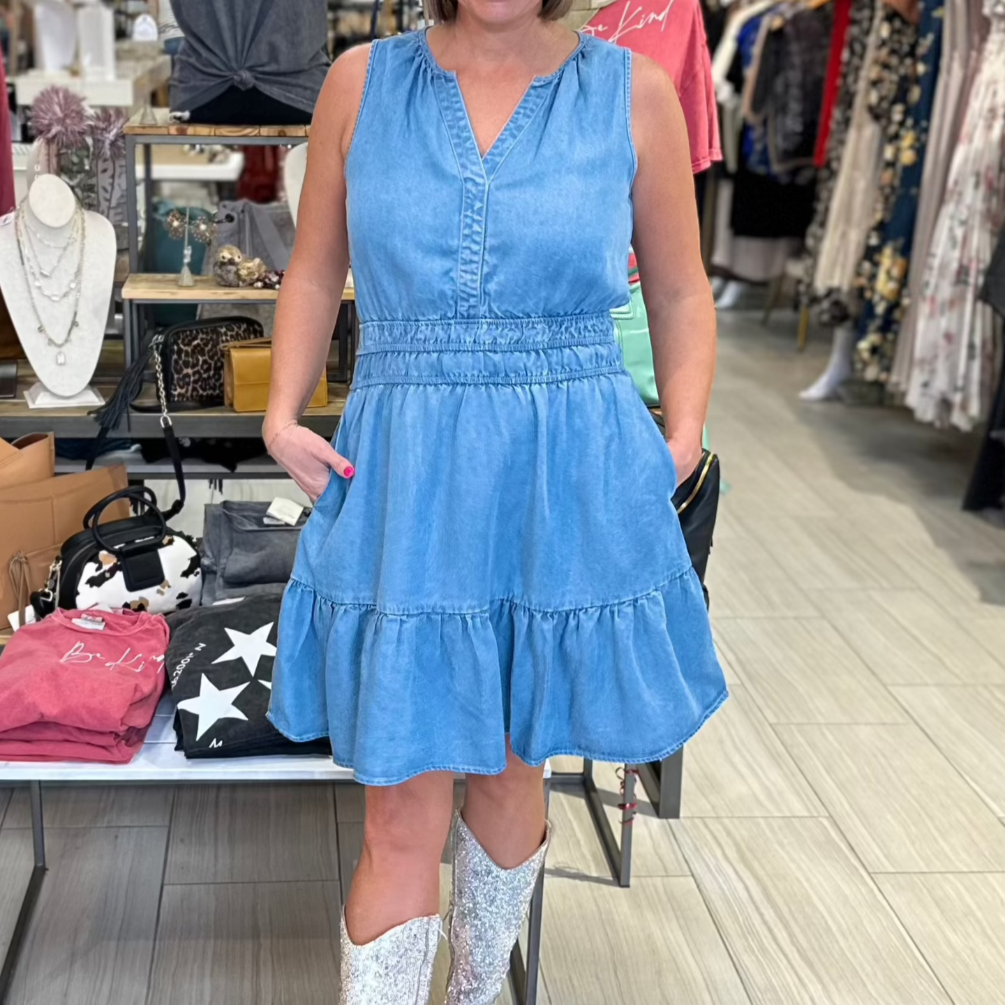 Western Chambray Sleeveless Peplum Dress