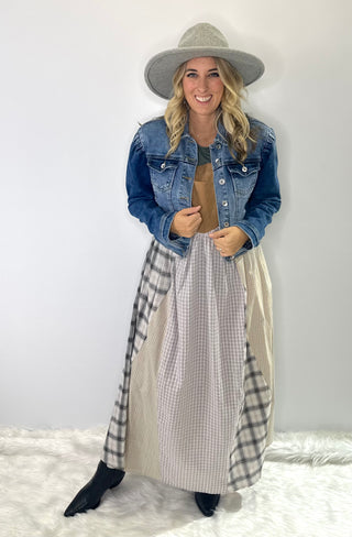 Patchwork Plaid Overall dress with camel corduroy top, adjustable straps, and A-line silhouette