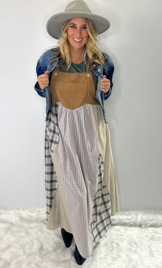 Patchwork Plaid Overall dress with camel corduroy top, adjustable straps, and A-line silhouette