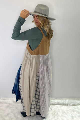 Patchwork Plaid Overall dress with camel corduroy top, adjustable straps, and A-line silhouette