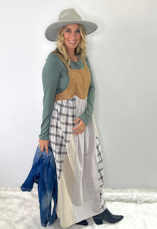 Patchwork Plaid Overall dress with camel corduroy top, adjustable straps, and A-line silhouette
