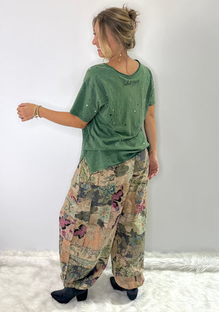 Jaded Gypsy Evening Garden Walks wide leg pants in moody floral print with soft drape and elastic waist 