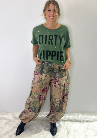 Jaded Gypsy Evening Garden Walks wide leg pants in moody floral print with soft drape and elastic waist 