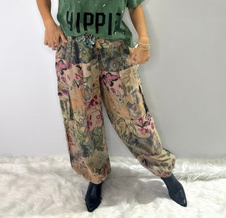 Jaded Gypsy Evening Garden Walks wide leg pants in moody floral print with soft drape and elastic waist 