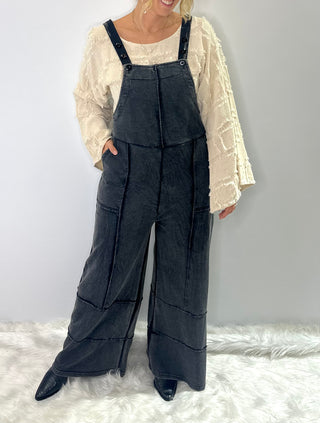 Stone Washed Patchwork overall jumpsuit with adjustable straps, straight neckline, vintage style pockets and raw hem