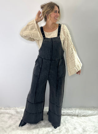 Stone Washed Patchwork overall jumpsuit with adjustable straps, straight neckline, vintage style pockets and raw hem