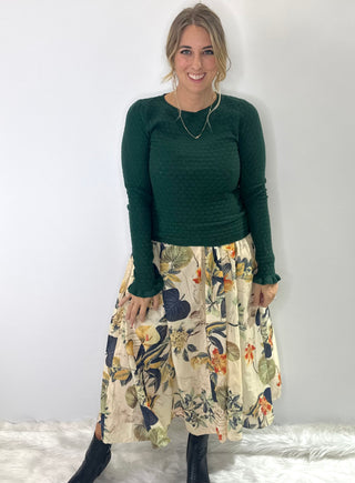 Forest Green Pointelle Knit Sweater with Feminine ruffle sleeves and soft lightweight texture